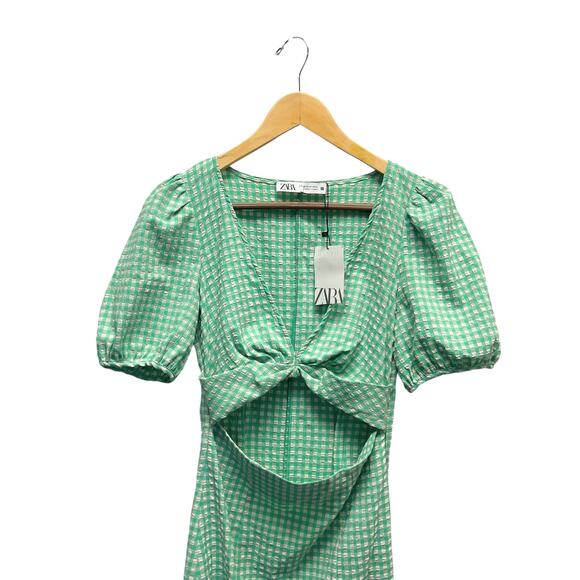 NWT Zara Gingham Cut Out Front Midi Dress in Green Women’s Size XS - Picture 6 of 10